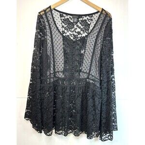 Torrid shirt Womens 1X black lace mesh bell sleeve button ruffle blouse see thru